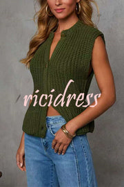 Solid Color Sleeveless Button Pocket Knit Vest