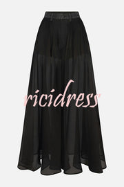 Avant-garde Fashion Denim Flowing Organza Patchwork Pocketed Wide Leg Jeans