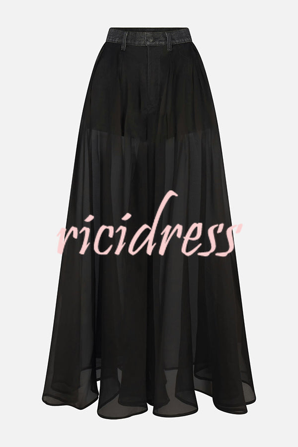 Avant-garde Fashion Denim Flowing Organza Patchwork Pocketed Wide Leg Jeans