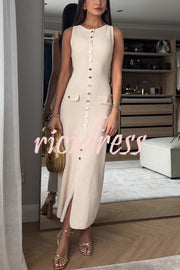 Solid Color Slim Fit Crew Neck Button Up Sleeveless Knitted Maxi Dress