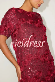 Feeling Exquisite Sequin-embellished Rose Texture Short Sleeve H-line Mini Dress