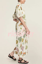 Beach Shell Print Puff Sleeve Tie-Waist Casual Midi Dress