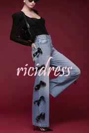 Runway Muse Denim High Rise Bow Trim Pocketed Wide Leg Jeans