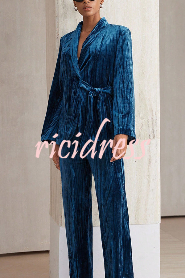 Solid Color Velvet Pleated Long-sleeved Tie Top and Casual Pocket Straight-leg Pants Set