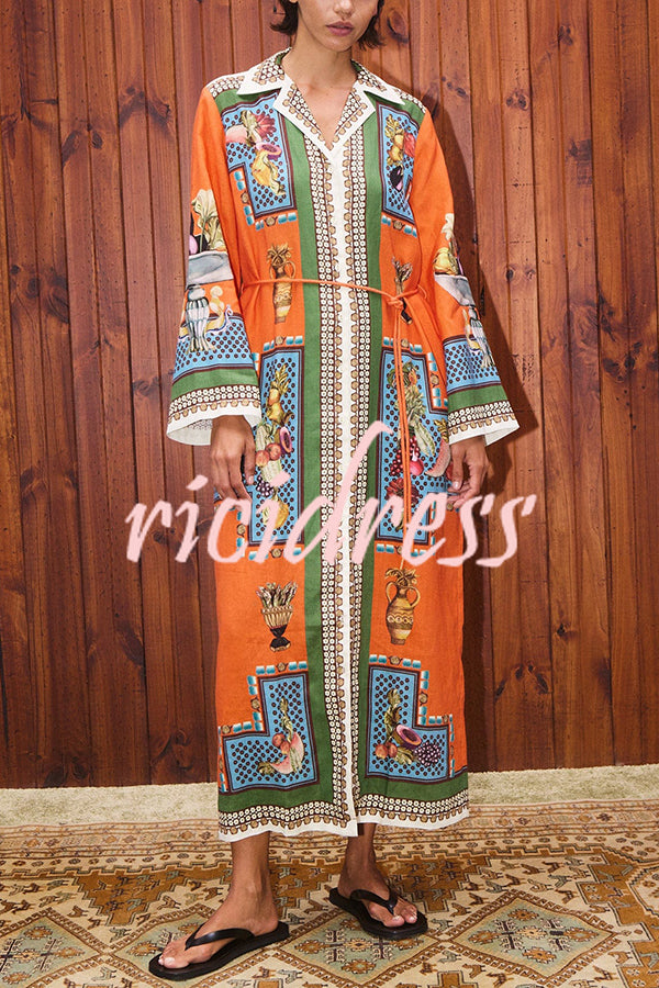 Linen Blend Unique Print Tie-waist Casual Maxi Dress