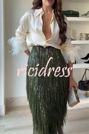 Party Crasher Feather Trim Long Sleeve Button Up Loose Blouse