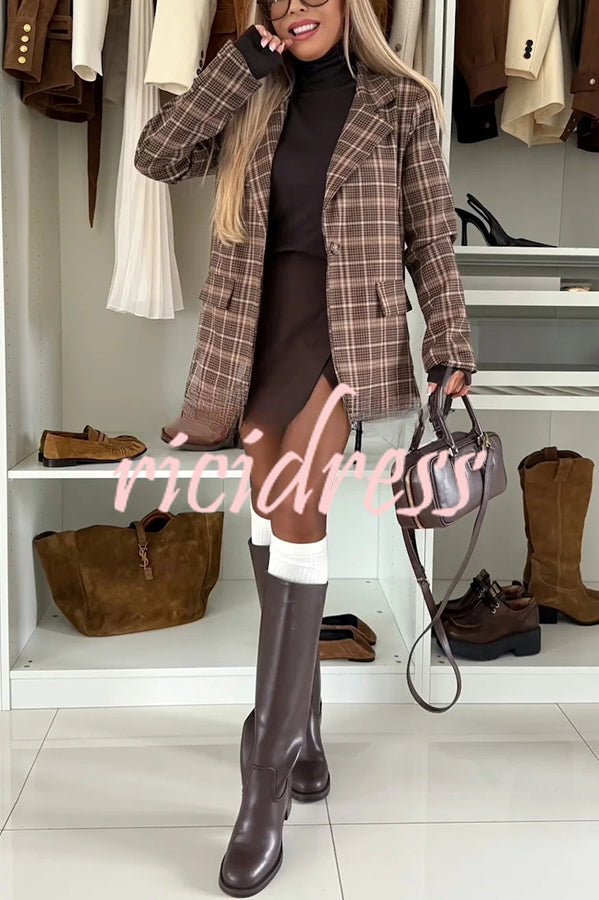 Classic Modern Plaid One Button Long Sleeve Flap Pocket Lapel Blazer