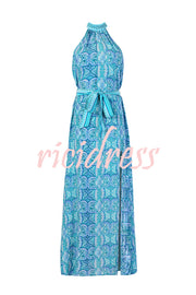 Unique Print Sexy Off-the-shoulder Waist Tie Slit Holiday Midi Dresses