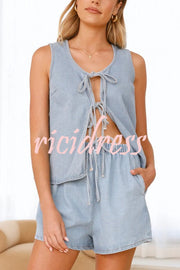 Solid Color Sleeveless Tie Top and Elastic Waist Loose Pocket Denim Shorts Set