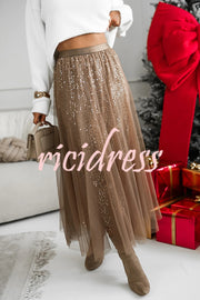 Party Daydream Sequin Tulle High Rise Elastic Waist Maxi Skirt