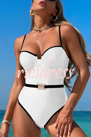 Fashionable Contrast-color Overlock Stretch One-piece Swimsuit