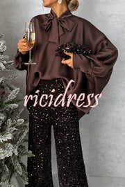 Chic and Merry Satin Bow Neck Batwing Sleeve Loose-fitting Blouse