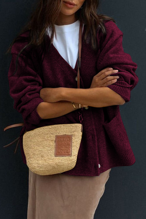 Solid Color V-Neck Button Casual Pocket Knit Cardigan