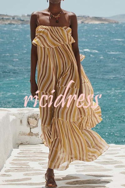 Eternal Joyful Chiffon Striped Print Ruffle Slip A-line Maxi Dress