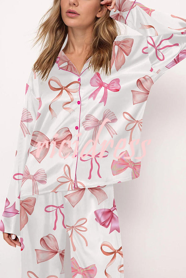 Stylish Bow-print Casual Long-sleeved Shirt and Elastic-waisted Wide-leg Pants Set