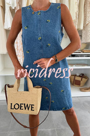 Floral Print Round Neck Sleeveless Loose Denim Mini Dress
