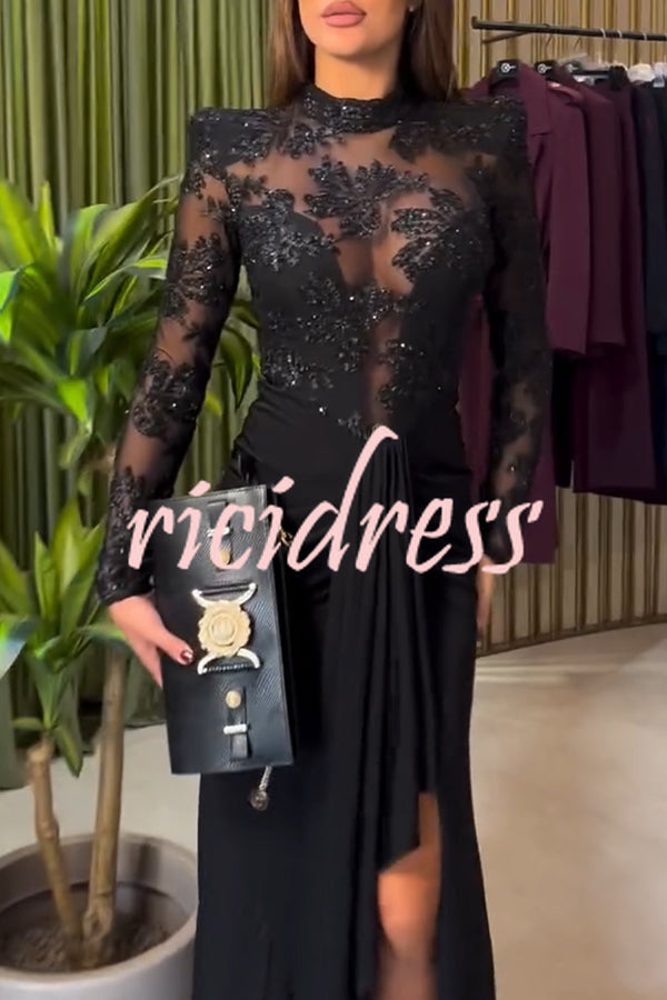 Fenna Sheer Floral Sequin Shoulder Pads Long Sleeve Drape Slit Maxi Dress