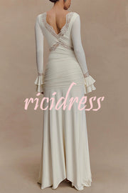 Fashion Lace Splicing Sexy V-neck Long-sleeved Slim Maxi Dress