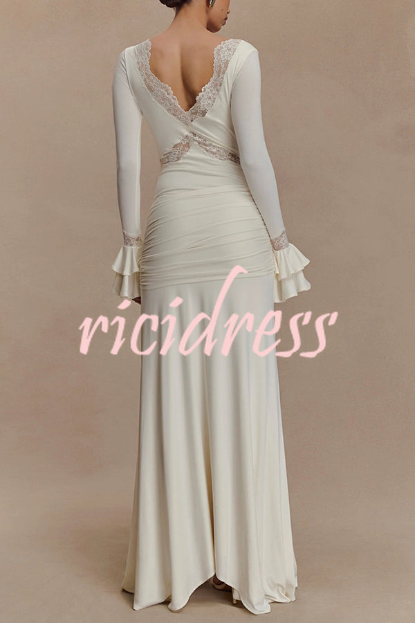 Fashion Lace Splicing Sexy V-neck Long-sleeved Slim Maxi Dress
