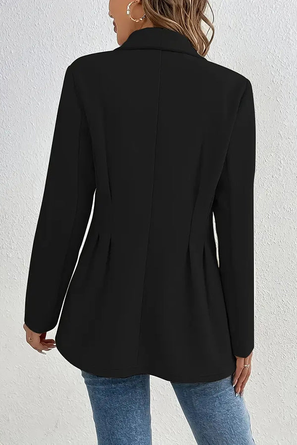 Solid Color Lapel Long Sleeve Elegant Pleated Waist Blazer