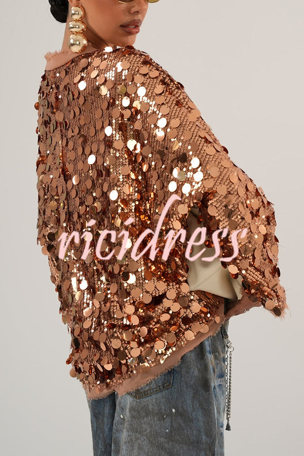 Fashion Sequined Long-sleeved V-neck Loose Lace-up Cardigan