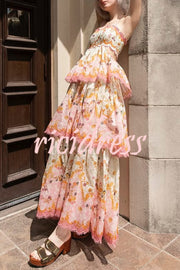 Charming Smile Floral Print Scalloped Lace-trim Back Tie-up Tiered Maxi Dress
