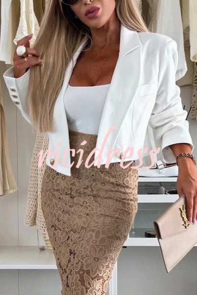 Ellien Solid Color Button Long Sleeve Crop Lapel Blazer