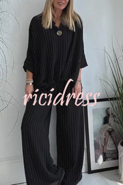 Fashion Striped Print Lapel Loose Top and Elastic Waist Casual Wide-leg Pants Set