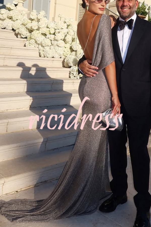 Fit and Elegance Fine Shimmering Fabric Open Cowl Back Draped Neckline Maxi Dress