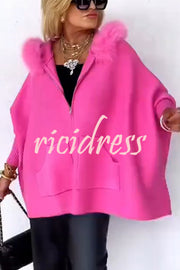 Warm Call Knit Long Sleeve Zipper Plush Hooded Pocket Loose Cardigan