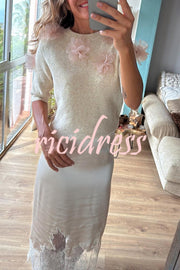 Alboran Knit Organza Flowers Detail Short Sleeve Loose Sweater