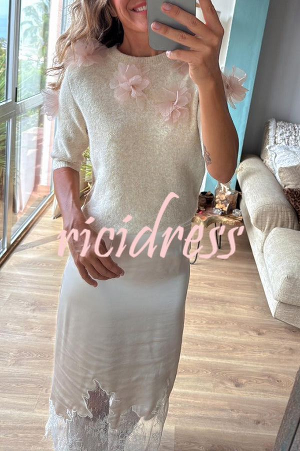 Alboran Knit Organza Flowers Detail Short Sleeve Loose Sweater