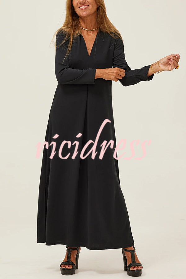 Solid Color V-neck Casual Slit Maxi Dress