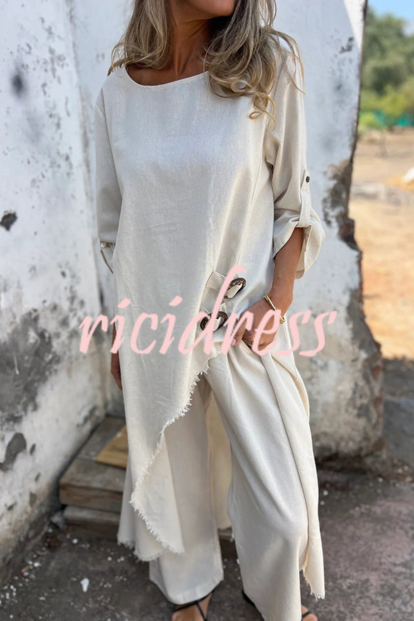 Jamilah Linen Blend Ring Detail Midi Blouse  and Elastic Waist Pocketed Loose Pants Set