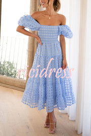 Solid Color Off-shoulder Lantern Sleeve Patchwork Midi Dress