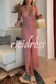 So Beachy Texture Print U-neck Wide Strap Slit Stretch Maxi Dress
