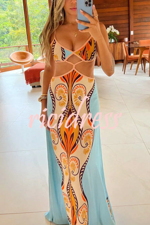 Summer Symphony Linen Blend Ethnic Unique Print Cutout Waist Back Tie-up Maxi Dress