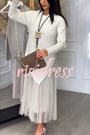 Jensine Ribbed Knit Irregular Loose Sweater and Pleated Tulle Tank Midi Dress Two-piece Set