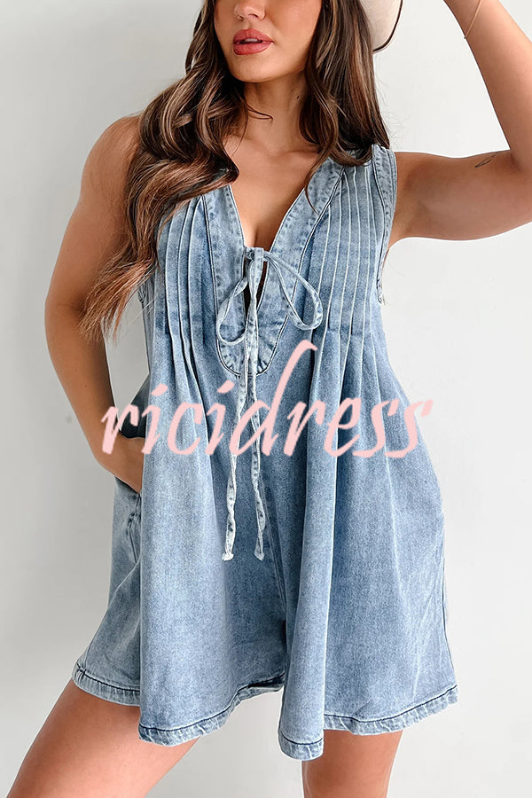 Downtown Daze Denim Pleated Tie-up Pocketed Loose Romper