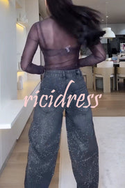 Fashion Star Rhinestone High Rise Casual Pocket Straight Loose Jeans