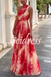Floral Print One Shoulder Waist Tie Full Hem Resort Style Maxi Dress