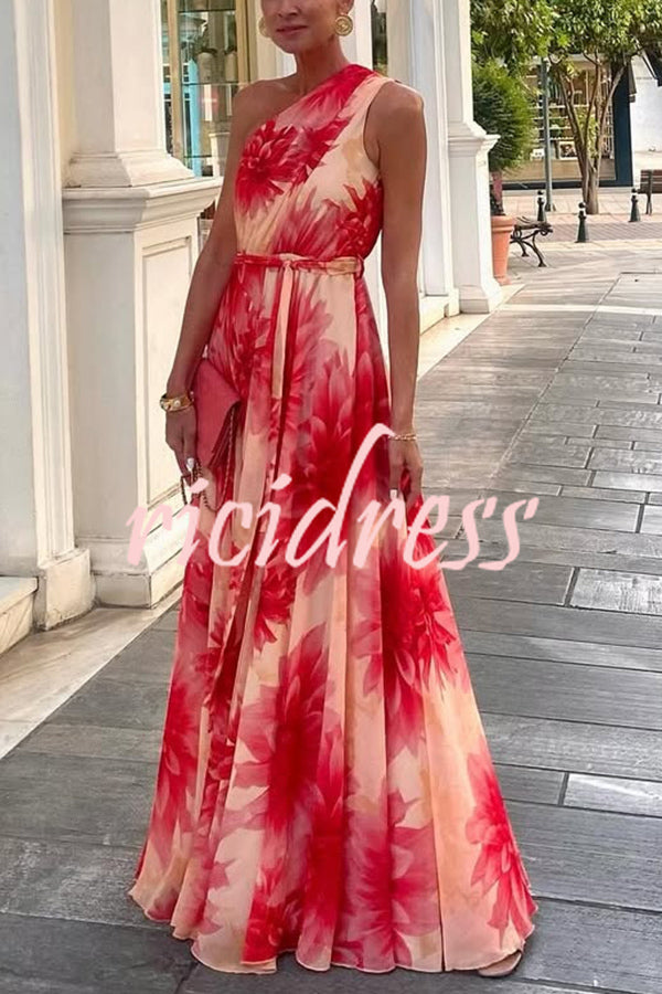 Floral Print One Shoulder Waist Tie Full Hem Resort Style Maxi Dress