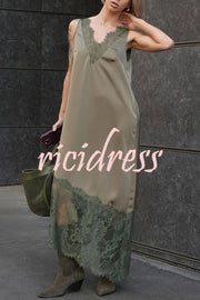 Luxury Winter Satin Lace Trim V-neck Sleeveless H-line Maxi Dress