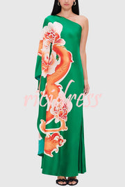 Elegance and Grace Satin Dragon Print One Shoulder Drape Sleeve Maxi Dress