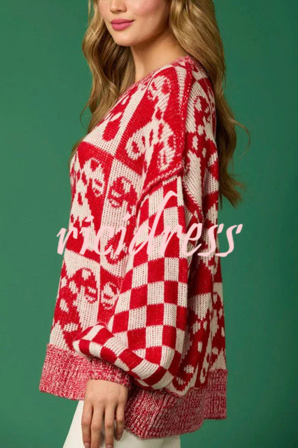 Christmas Candy Plaid Round Neck Long Sleeve Loose Knit Sweater