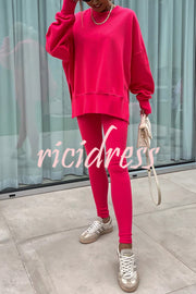 Solid Color Loose Long Sleeve SlitSweatshirt and Elastic Waist Tight Pants Set