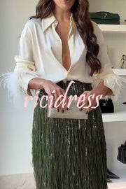 Party Crasher Feather Trim Long Sleeve Button Up Loose Blouse