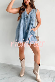 Downtown Daze Denim Pleated Tie-up Pocketed Loose Romper