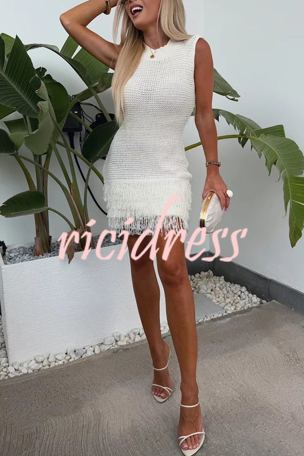 Fashion Knitted Round Neck Sleeveless Slim Fit Fringed Hem Mini Dress