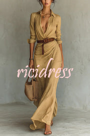 City Sleek Single Breasted Long Sleeve Warp Slit Shirt Maxi Dress